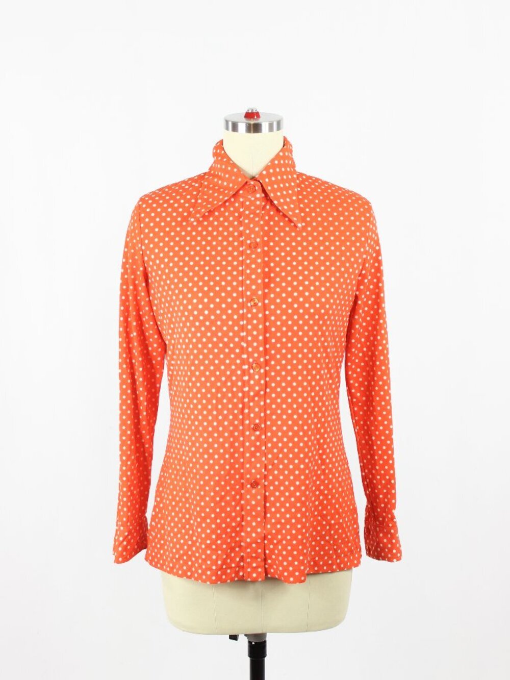 Vintage 70's MR TON Orange Polka Dot Printed Button Front Shirt Top, Size S/M